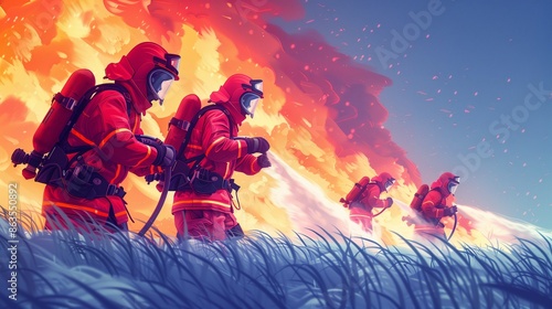 Labor Day illustration with red firefighters in action putting out a fire, minimalist and clean