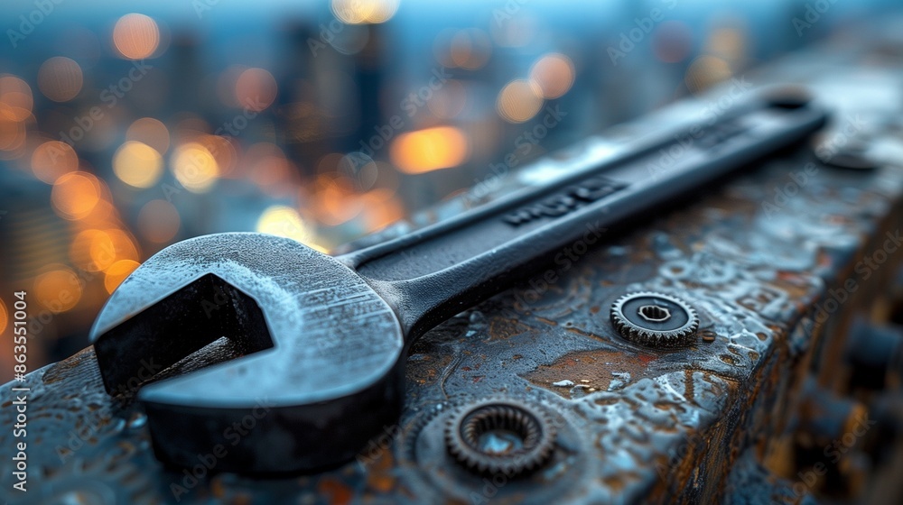 Labor Day image showcasing a black wrench and gears on a blurred cityscape background, elegant design Labor Day image showcasing a black wrench and gears on a blurred cityscape background, elegant design