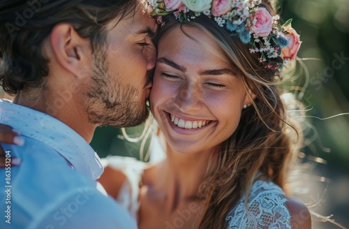 Smiling Bride and Groom Embrace on Their Wedding Day