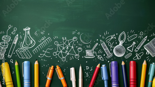 A green chalkboard with white chalk drawings of school supplies, such as pencils, rulers, and a beaker. The bottom of the image features a row of colorful pens and pencils. Back to school