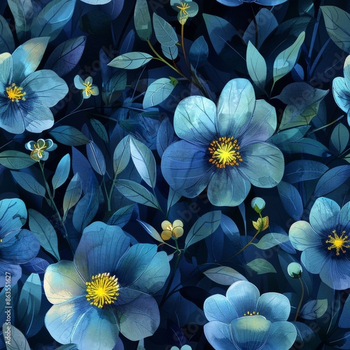 watercolor Glowing flowers and plants in a dark forest, neon blues and greens, luminescent accents, magical and mysterious, seamless repeating pattern, minimal pattern, high contrasty -
