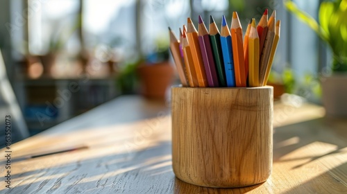 24062224 35 Pencil holder with a few pens, set on a minimalist desk. --ar 16:9 --stylize 250 Job ID: facb56d0-cf9f-4ae3-83e1-d6ec9aaa6667 photo