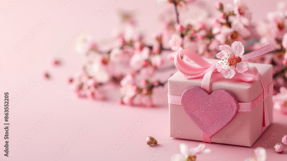 A pink box with a ribbon and a bouquet of roses. The box is placed on a table with a grey background A pink box with a ribbon and a bouquet of roses. The box is placed on a table with a grey background