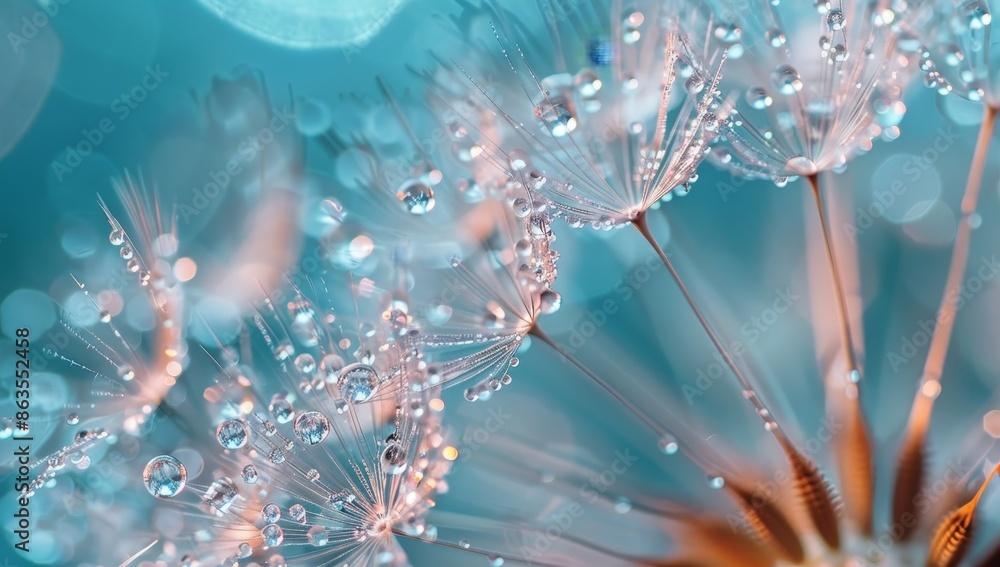 Macro shot of dewdrops on dandelion seeds, with the background in shades of blue and teal. The focus is sharp, highlighting intricate details like veins or textures within each seedhead. Macro shot of dewdrops on dandelion seeds, with the background in shades of blue and teal. The focus is sharp, highlighting intricate details like veins or textures within each seedhead.