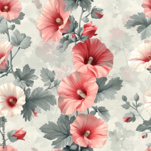 Wallpaper Mural watercolor Hollyhocks in muted red, pink, and white, distressed wallpaper texture, charming country garden style, classic vintage charm, seamless repeating pattern, minimal pattern Torontodigital.ca