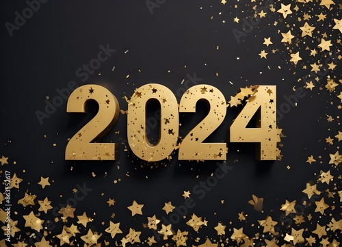 Golden 2024 text with sparkling stars on a dark background, conveying a celebratory New Year's theme