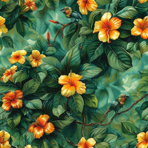 Wallpaper Mural watercolor Intertwining vines with vibrant tropical flowers, deep green background, lush and detailed, rainforest depth, seamless repeating pattern, minimal pattern Torontodigital.ca