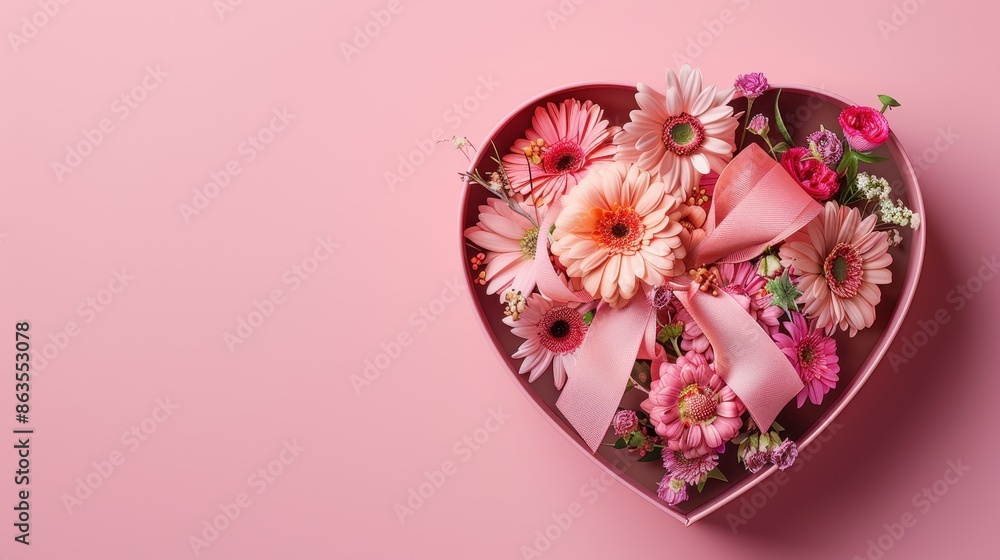 A pink box with a ribbon and a bouquet of roses. The box is placed on a table with a grey background A pink box with a ribbon and a bouquet of roses. The box is placed on a table with a grey background