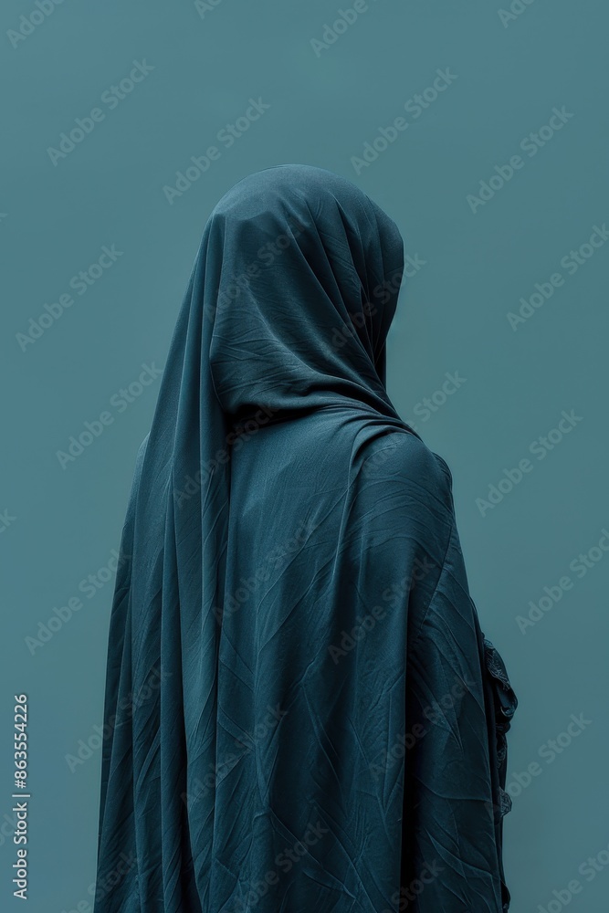 A person wearing a blue scarf is standing in front of a blue wall. The scarf is long and flowing, and the person appears to be looking off into the distance A person wearing a blue scarf is standing in front of a blue wall. The scarf is long and flowing, and the person appears to be looking off into the distance