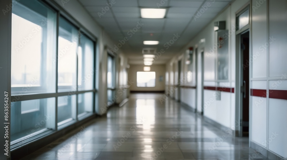 Obraz premium Blur image background of hospital clinic corridor empty hallway glass window ceiling door healthcare