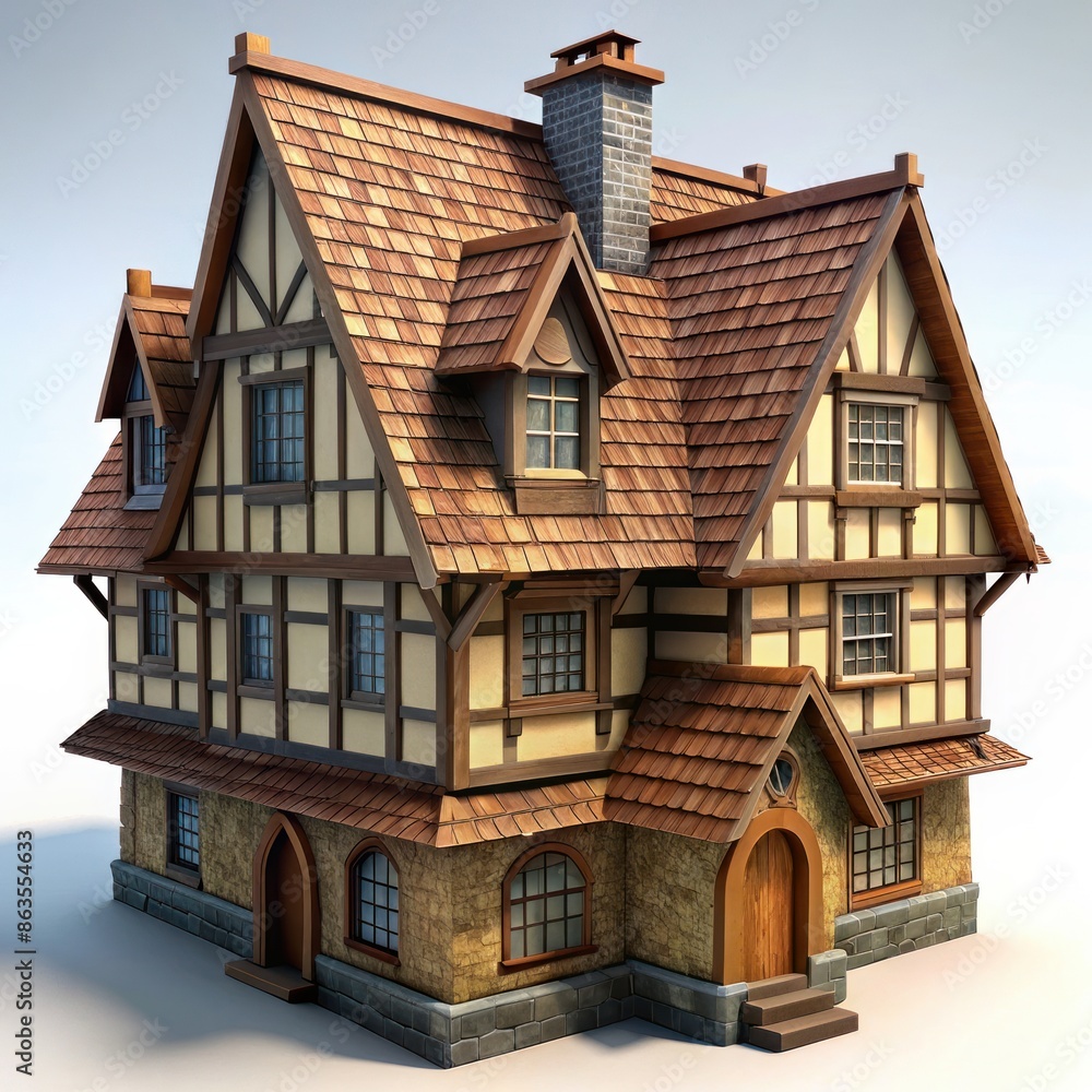 Fototapeta premium 3D Render of a Miniature Tudor House, on isolated white background, Generative AI