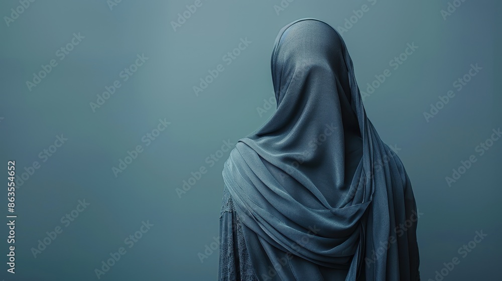 A person wearing a blue scarf is standing in front of a blue wall. The scarf is long and flowing, and the person appears to be looking off into the distance A person wearing a blue scarf is standing in front of a blue wall. The scarf is long and flowing, and the person appears to be looking off into the distance