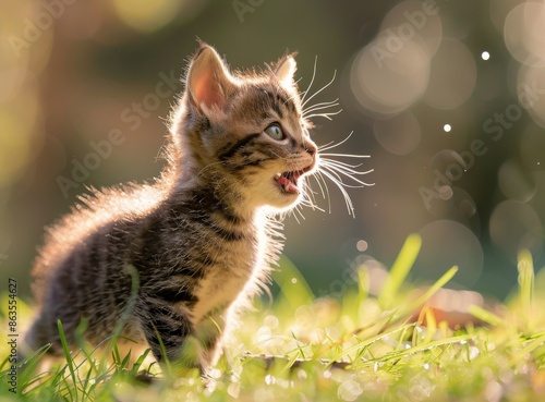 Tabby Kitten Sitting in Grass With Mouth Open in Afternoon Sunlight