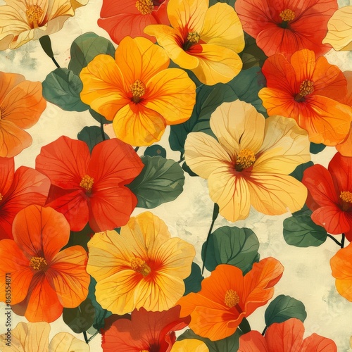 Wallpaper Mural watercolor Nasturtiums in soft orange, yellow, and red, aged fabric background, intricate floral print, classic vintage garden charm, seamless repeating pattern, minimal pattern, high contrasty Torontodigital.ca