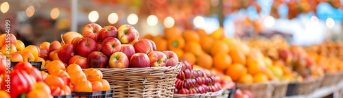 Colorful image of a farmers market stall showcasing fresh apples, oranges, and grapes in woven baskets, with blurred background lighting.