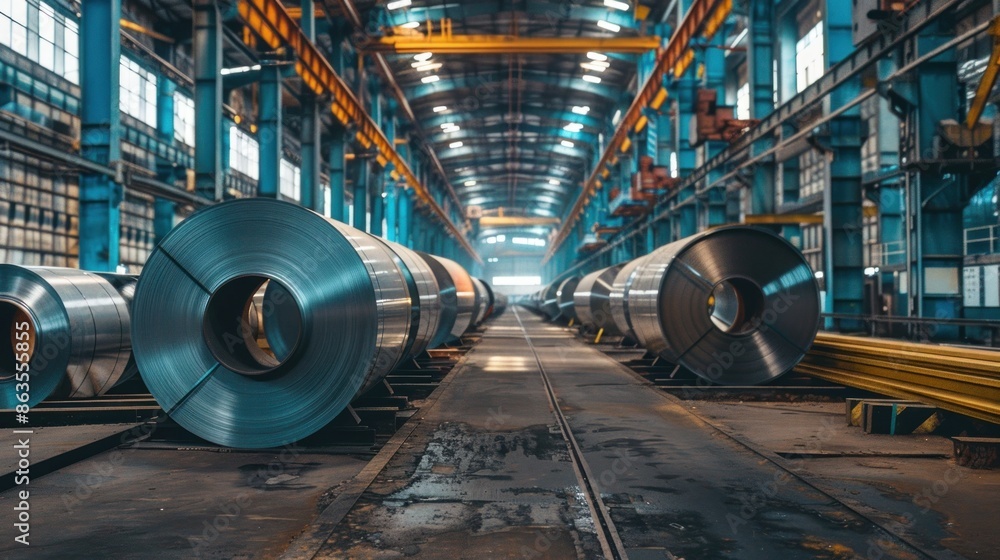Fototapeta premium Aluminum steel sheet rolls neatly stacked in a metalwork factory warehouse