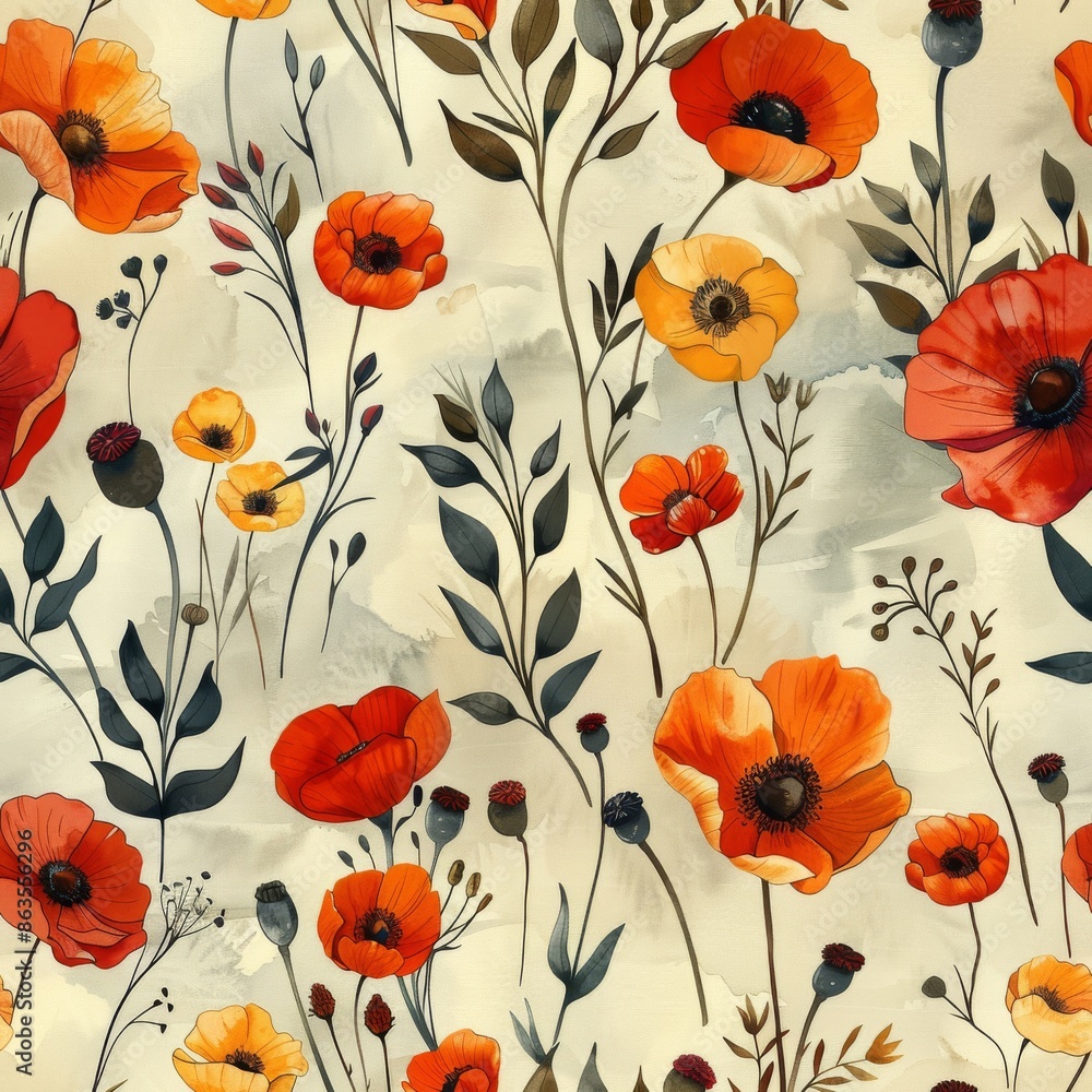 watercolor poppies in faded red and mustard yellow, worn parchment background, vintage botanical print, rustic countryside charm, seamless repeating pattern, minimal pattern, watercolor poppies in faded red and mustard yellow, worn parchment background, vintage botanical print, rustic countryside charm, seamless repeating pattern, minimal pattern,