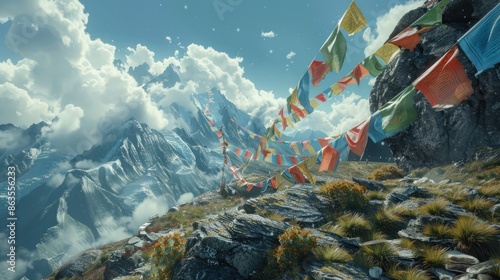 Buddhist prayer flags fluttering in the wind atop a mountain