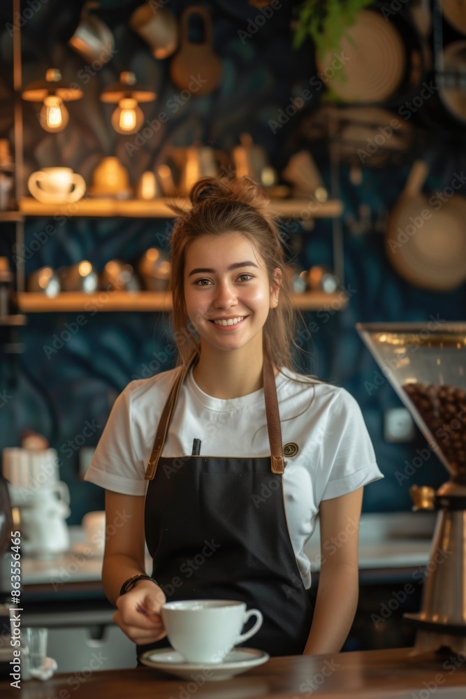 Young coffee shop owner serves freshly brewed coffee Young coffee shop owner serves freshly brewed coffee