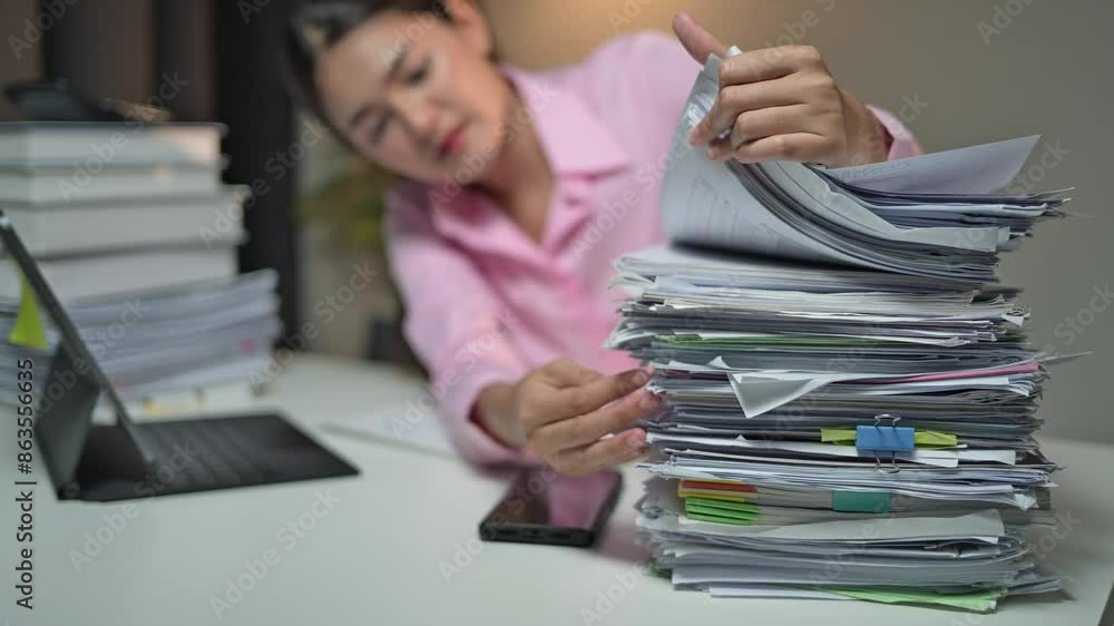 Professional sorting stacks of documents at a desk in an office environment. Person struggling with paperwork, surrounded by laptop, stationery, and books