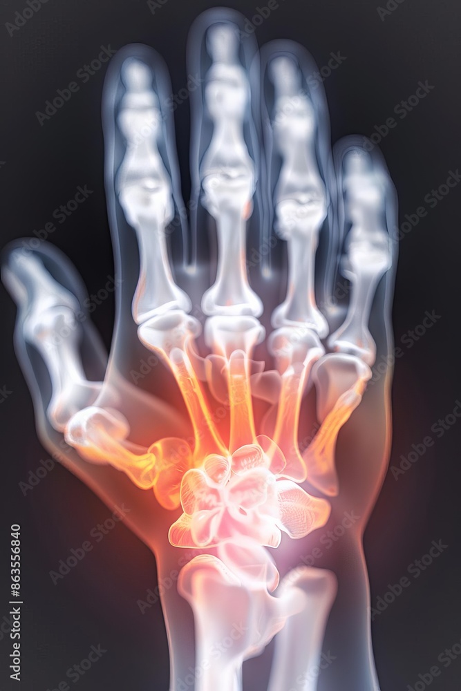 X-ray image showing hand bones with highlighted inflammation or pain area at the wrist, indicative of joint or bone issues. X-ray image showing hand bones with highlighted inflammation or pain area at the wrist, indicative of joint or bone issues.