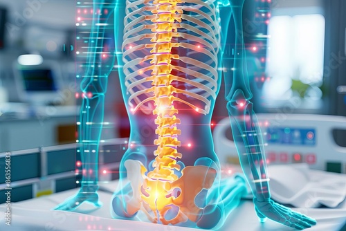 Medical illustration of human spine showing lumbar region in a healthcare setting. Concept of spinal health, pain management, and anatomy.