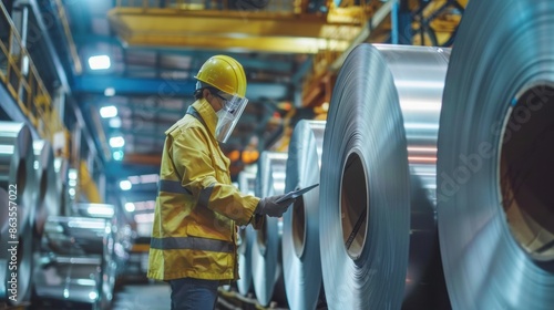 Factory scene with aluminum sheet metal rolls, worker in protective clothing, inspecting quality with a digital tablet