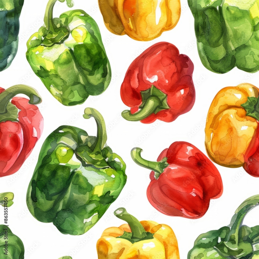 A watercolor painting of bell peppers in various colors, including red, green, and yellow A watercolor painting of bell peppers in various colors, including red, green, and yellow