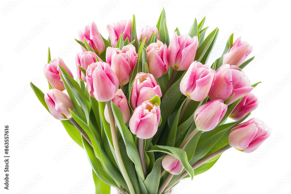 Fresh bouquet of pink tulips with green stems and leaves, elegantly arranged and isolated on a white background. Fresh bouquet of pink tulips with green stems and leaves, elegantly arranged and isolated on a white background.