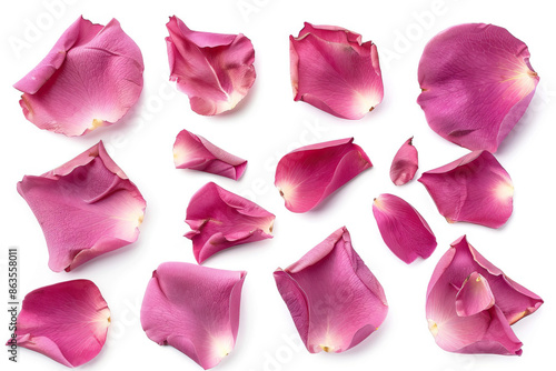 Wallpaper Mural Scattered pink rose petals isolated on a white background, capturing the delicate texture and romantic symbolism. Torontodigital.ca