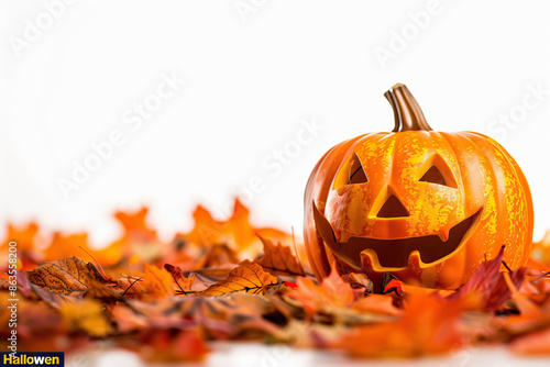 Halloween pumpkin sits among colorful autumn leaves, offering a vibrant celebration of the fall season with festive decoration. photo