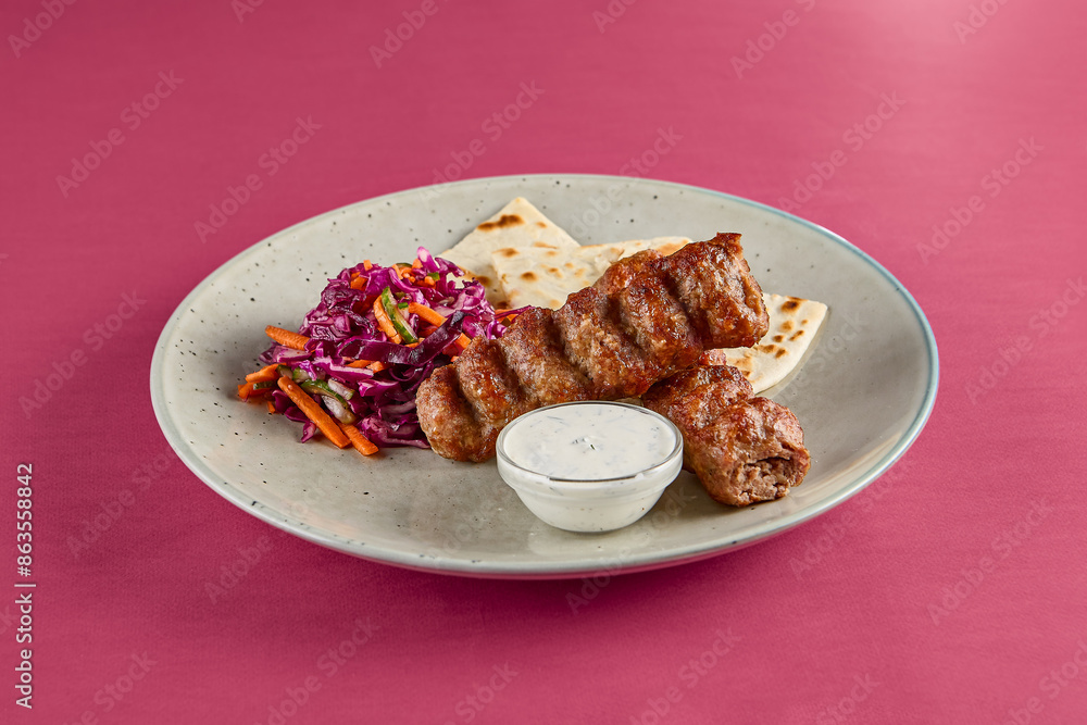 Grilled Chicken Lyulya Kebab with Lavash and Coleslaw Grilled Chicken Lyulya Kebab with Lavash and Coleslaw