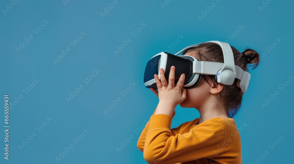 Fototapeta premium kid enjoying virtual reality on solid background