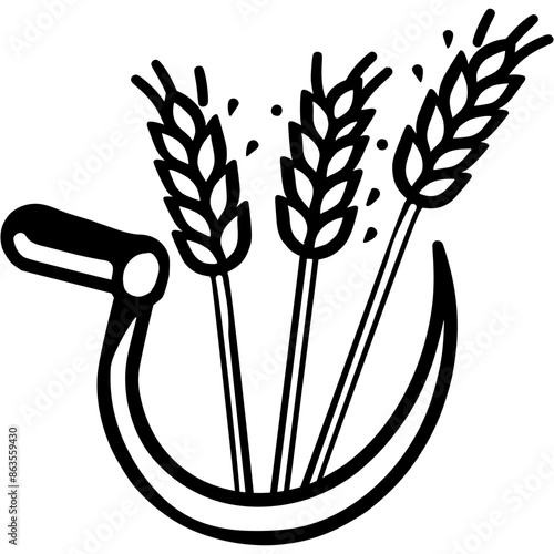 Sharp sickle cuts ears of wheat in monochrome. Vintage tool for harvesting cereals on field. Simple minimalistic vector in black ink drawing on transparent background