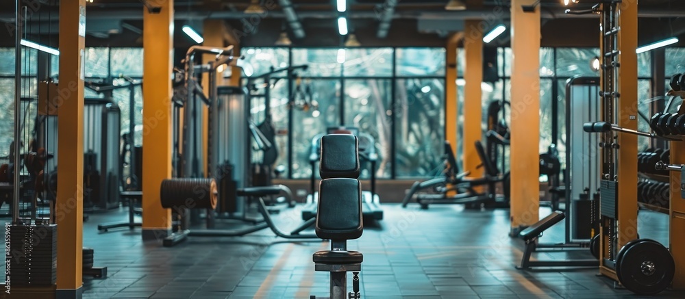 Empty Gym With a Weight Bench in the Foreground Empty Gym With a Weight Bench in the Foreground