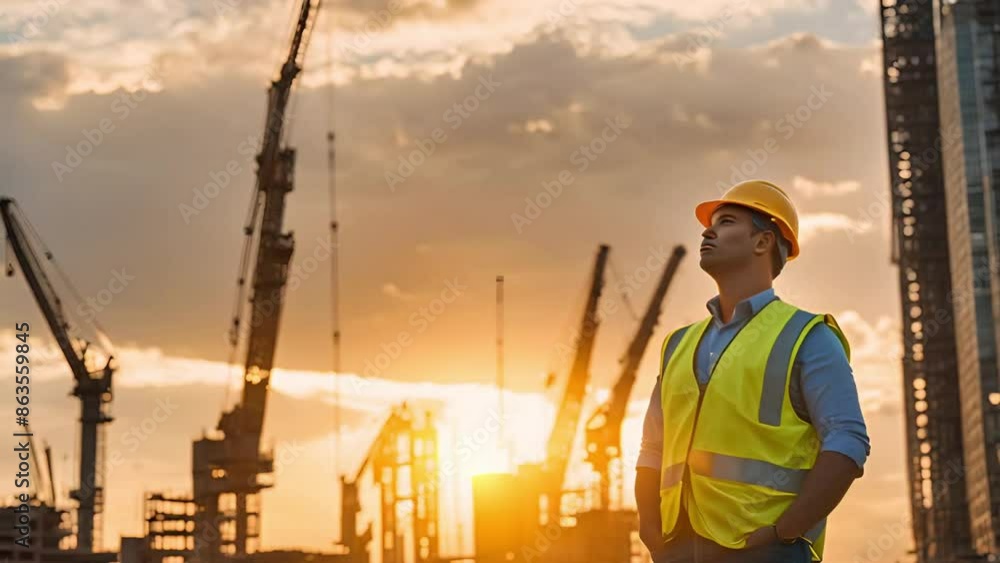 A construction worker supervisor of a project. With some cranes in the afternoon A construction worker supervisor of a project. With some cranes in the afternoon
