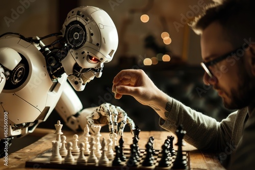 Artificial intelligence android vs human. Robot plays chess against man. Concept of rivalry and fight between machines and people photo