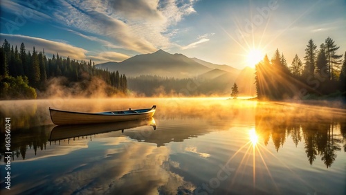 Serene shot of a canoe drifting on a misty mountain lake as the sun rises in the dawn , peaceful, tranquil, wilderness, nature
