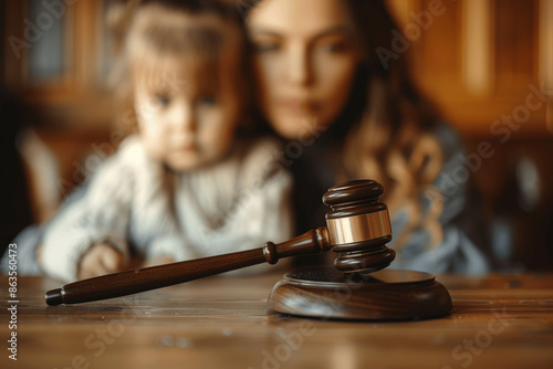 Legal gavel in courtroom with little girl and mother blurred in the background, child custody dispute concept