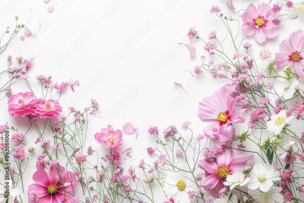 Fototapeta premium Circular arrangement of pink and white flowers on white surface, representing beauty and nature in a delicate floral display