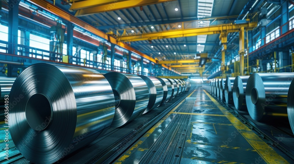 Fototapeta premium Factory scene with aluminum sheet metal rolls, worker in protective clothing, inspecting quality with a digital tablet