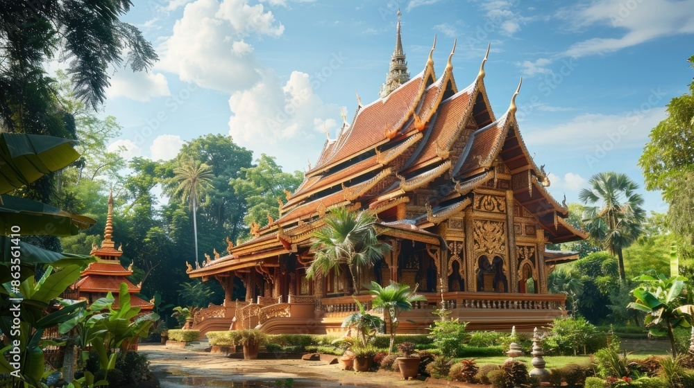 Naklejka premium Traditional Thai temple with elaborate roof decorations