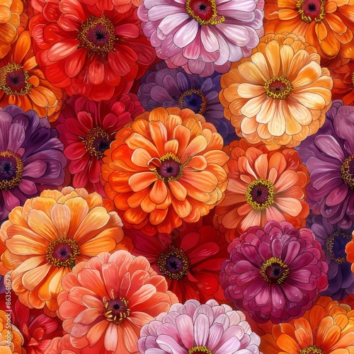 Wallpaper Mural watercolor Zinnias in bright reds, oranges, and pinks, kaleidoscopic patterns, vivid and playful, carnival-inspired, seamless repeating pattern, minimal pattern, high contrasty  Torontodigital.ca