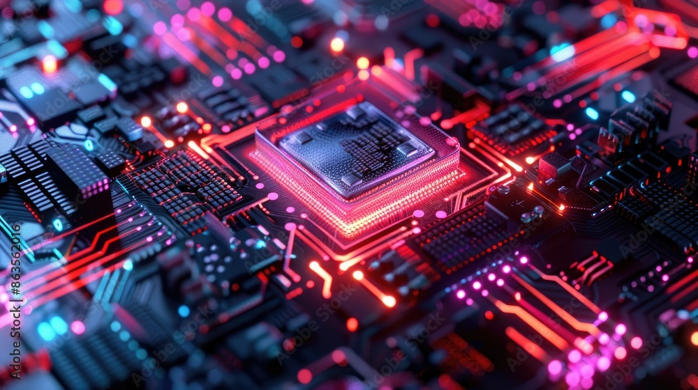 Glowing CPU Chip on Circuit Board. Technology, Computing Power, and Innovation Glowing CPU Chip on Circuit Board. Technology, Computing Power, and Innovation