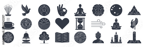 meditation icons set, Included icons as Lotus Pose, Candle, Labyrinth, Hourglass and more symbols collection, logo isolated vector illustration