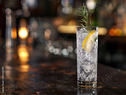 A closeup view of a gin and tonic in a highball glass,
black backgroundfresh cocktail with lemon
 photo