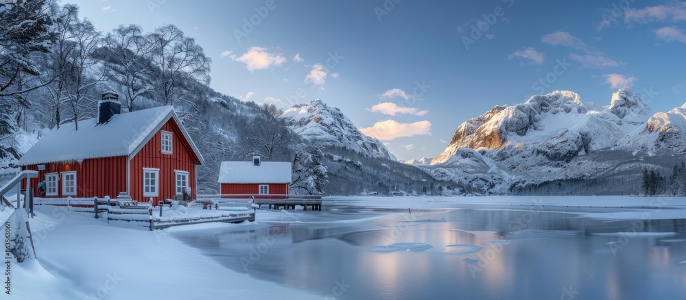 Red Cabins in a Snowy Mountain Landscape Red Cabins in a Snowy Mountain Landscape