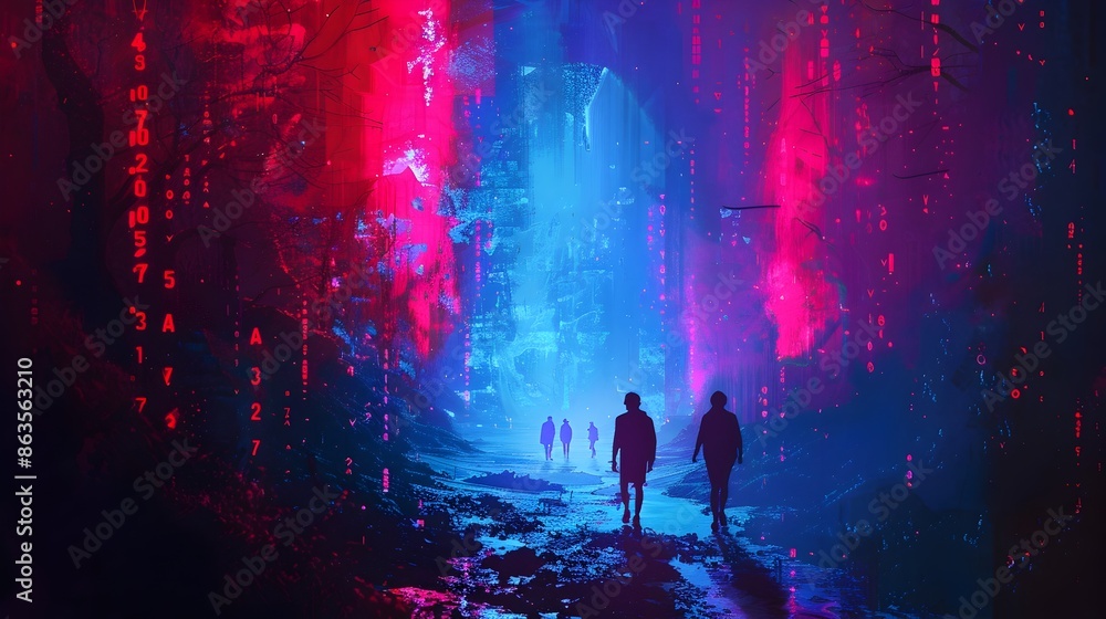 Silhouetted Figures Traversing Digital Surreal Landscape Illuminated by Psychedelic Hues and Futuristic Symbols Silhouetted Figures Traversing Digital Surreal Landscape Illuminated by Psychedelic Hues and Futuristic Symbols