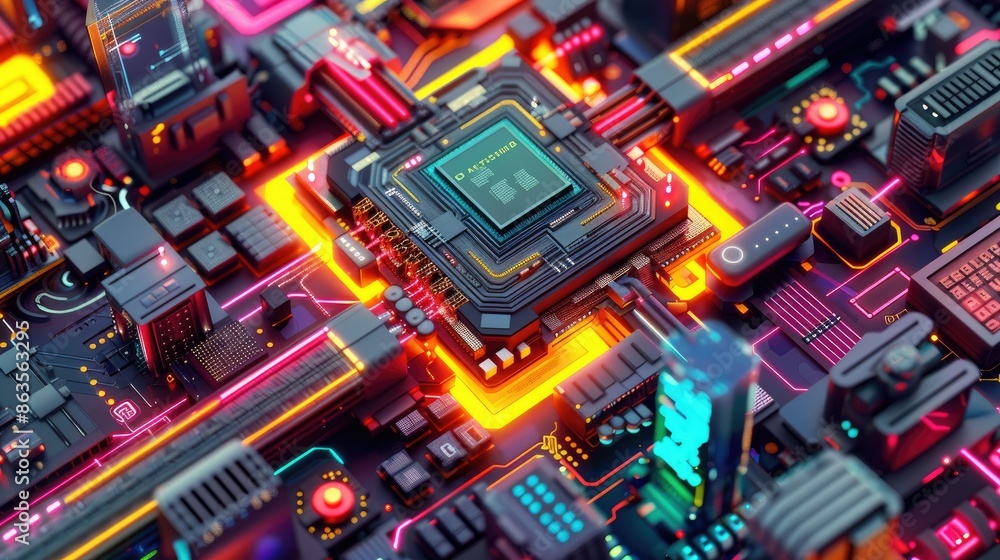 3D render of CPU Processor on Circuit Board. Concept of AI, technology, computing power, and the future of tech. 3D render of CPU Processor on Circuit Board. Concept of AI, technology, computing power, and the future of tech.