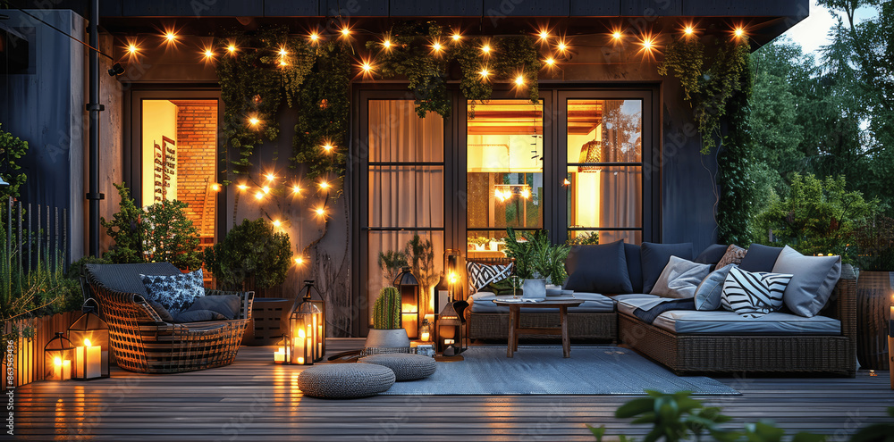 Cozy Scandinavian Style Terrace with Outdoor Furniture and String Lights in Autumn Evening Cozy Scandinavian Style Terrace with Outdoor Furniture and String Lights in Autumn Evening
